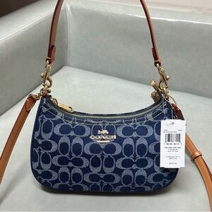 Coach Navy Signature Denim Mini Hobo with Tan Leather Strap
